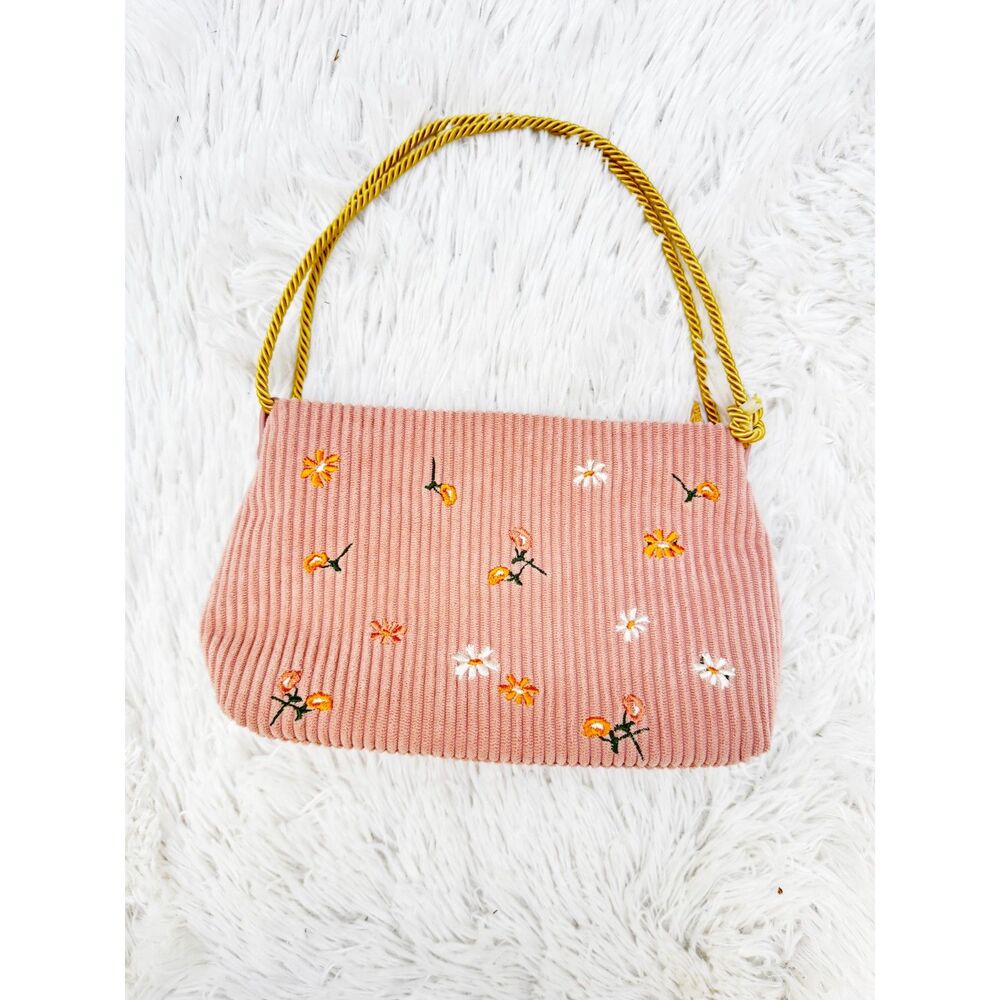 Shiraleah Chicago Pink Corduroy Floral Embroidered Shoulder Bag Gold Strap